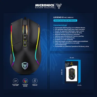 Mouse Gamer Micronics Legend 8 MIC M803-8 RGB 12800 DPI 8 Botones con Cable - imagen 4