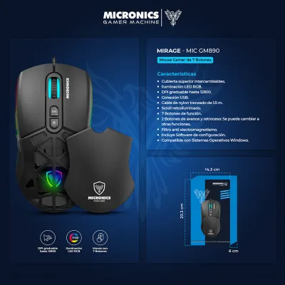 Mouse Gamer Micronics Mirage MIC GM890 RGB 12800 DPI 7 Botones Cubierta Intercambiable USB
