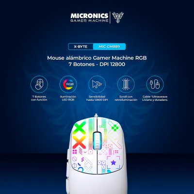 Mouse Gamer Micronics X-Byte MIC GM889 RGB 12800 DPI 7 Botones Cable Ultrawe - imagen 3