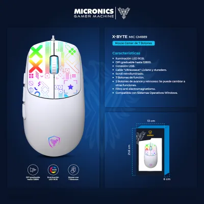 Mouse Gamer Micronics X-Byte MIC GM889 RGB 12800 DPI 7 Botones Cable Ultrawe - imagen 6