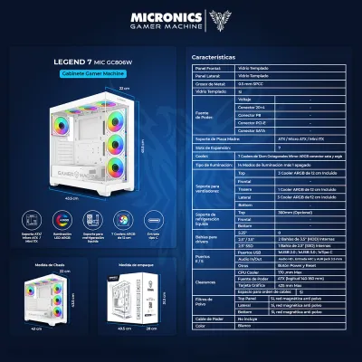 Gabinete Gamer Micronics Legend 7 MIC GC806W ATX 7 Fans ARGB Doble Vidrio Templado Blanco